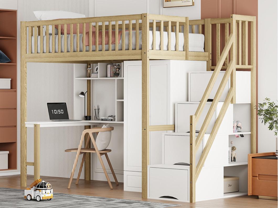Hoogslaper 90x200 cm - met kledingkast en bureau - houten bedframe - Wit & Naturel