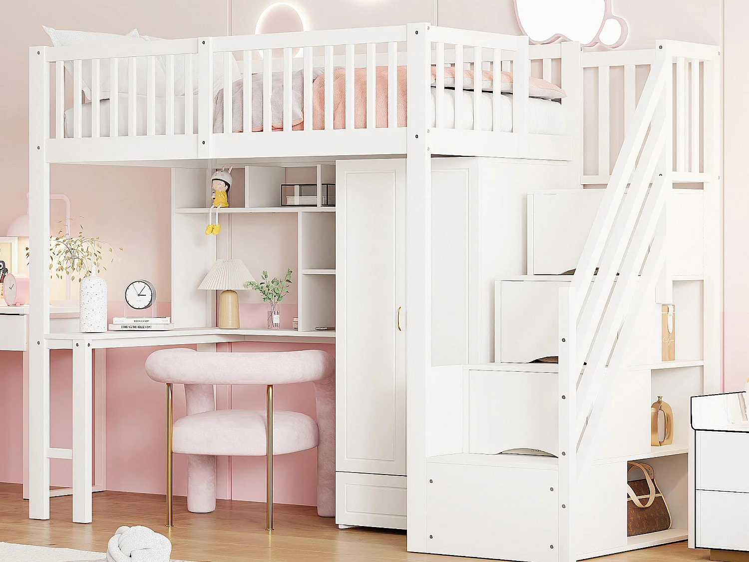 Hochbett 90x200 cm – mit Kleiderschrank und Schreibtisch – Bettgestell aus Holz – Weiß