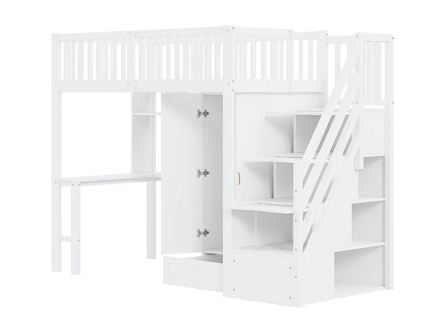 Hochbett 90x200 cm – mit Kleiderschrank und Schreibtisch – Bettgestell aus Holz – Weiß