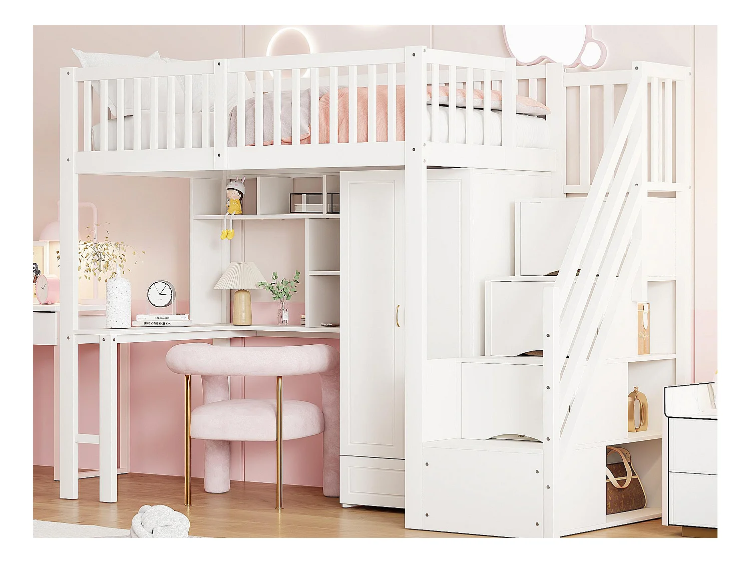 Lit mezzanine 90x200 cm - avec une penderie et un bureau - cadre de lit en bois - Blanc