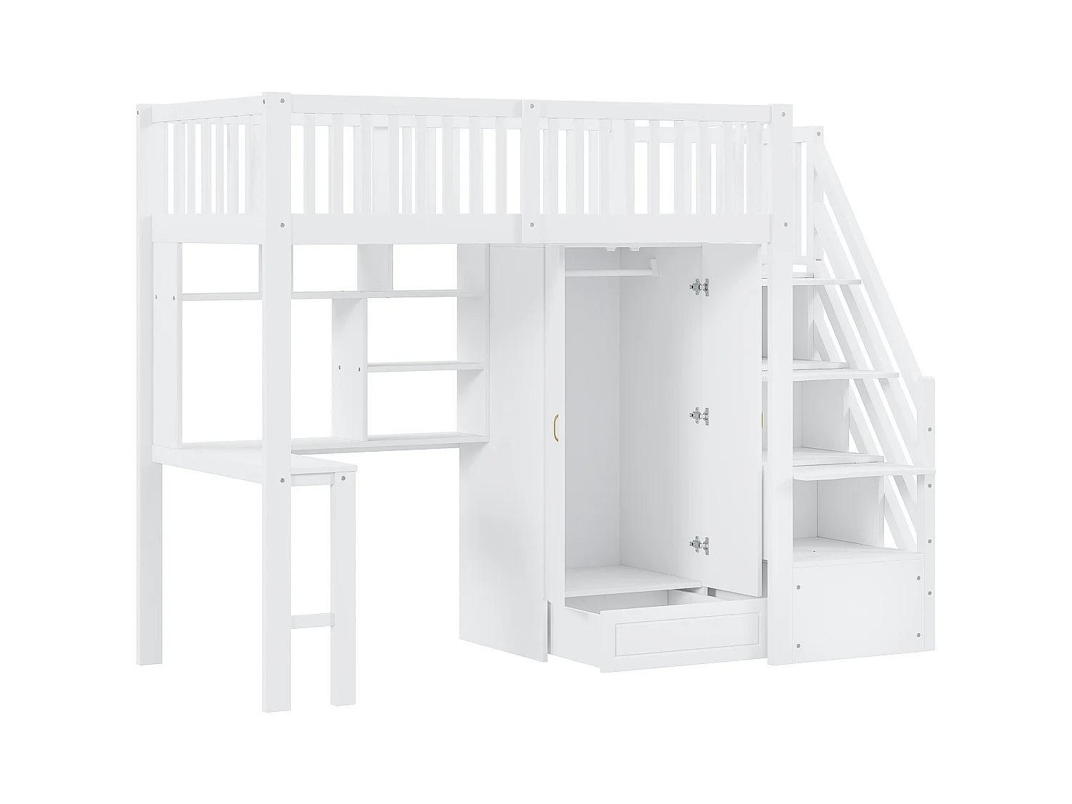 Hoogslaper 90x200 cm - met kledingkast en bureau - houten bedframe - Wit