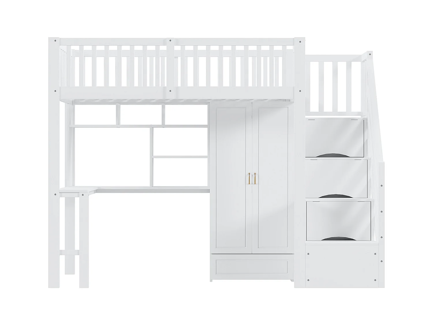 Hoogslaper 90x200 cm - met kledingkast en bureau - houten bedframe - Wit