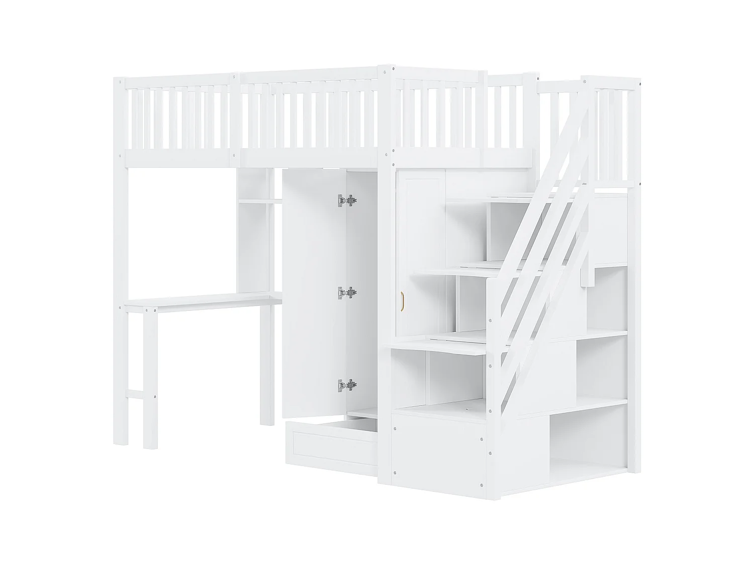 Hoogslaper 90x200 cm - met kledingkast en bureau - houten bedframe - Wit