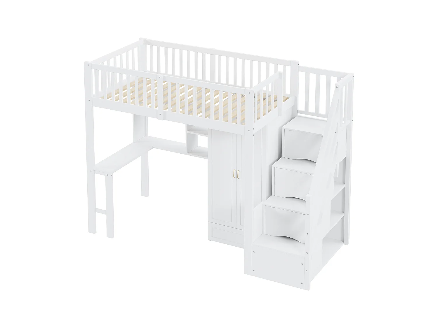 Hoogslaper 90x200 cm - met kledingkast en bureau - houten bedframe - Wit