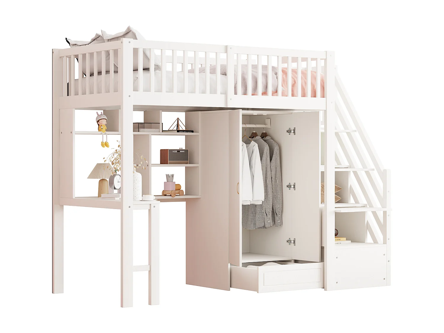 Letto a soppalco 90x200 cm - con armadio e scrivania - giroletto in legno - Bianco