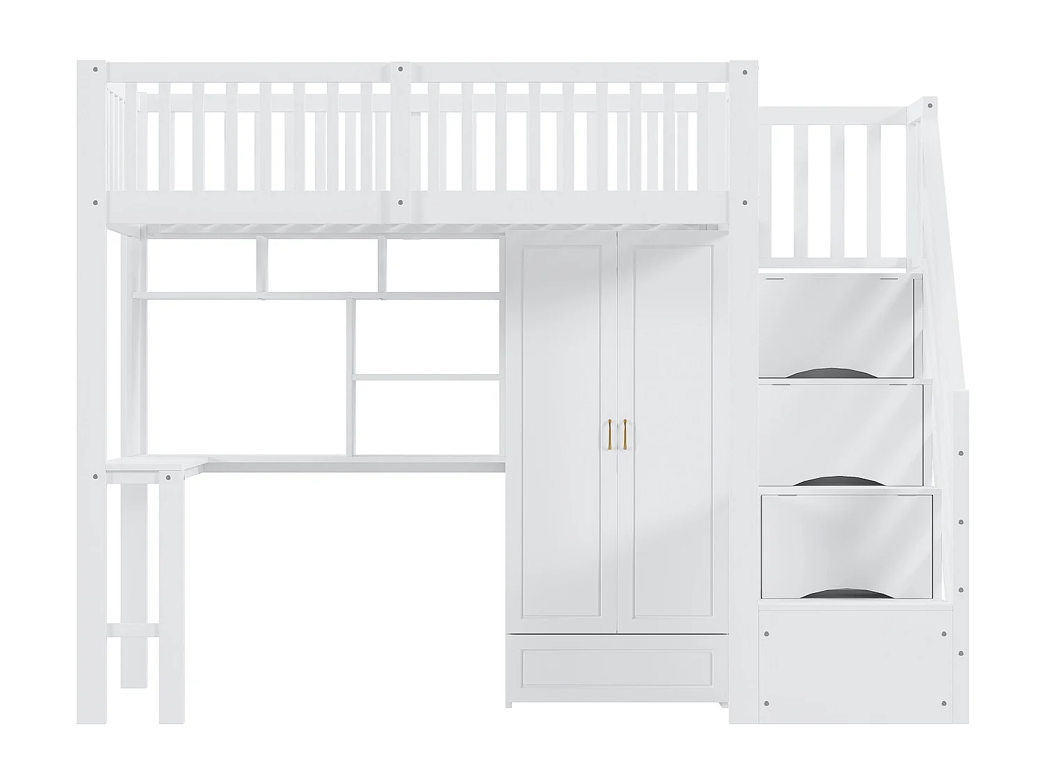 Letto a soppalco 90x200 cm - con armadio e scrivania - giroletto in legno - Bianco