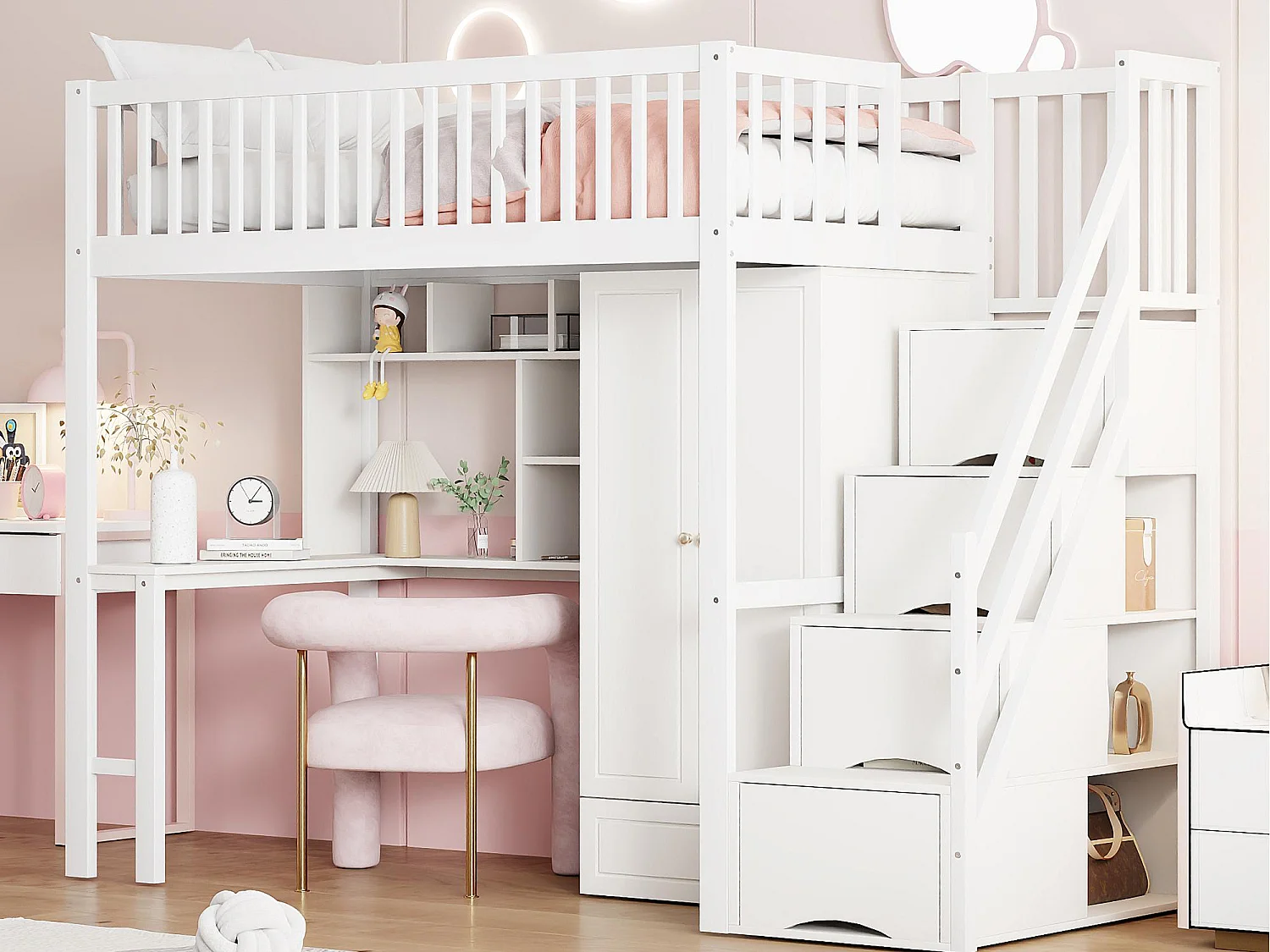 Lit mezzanine 90x200 cm - avec une penderie et un bureau - cadre de lit en bois - Blanc