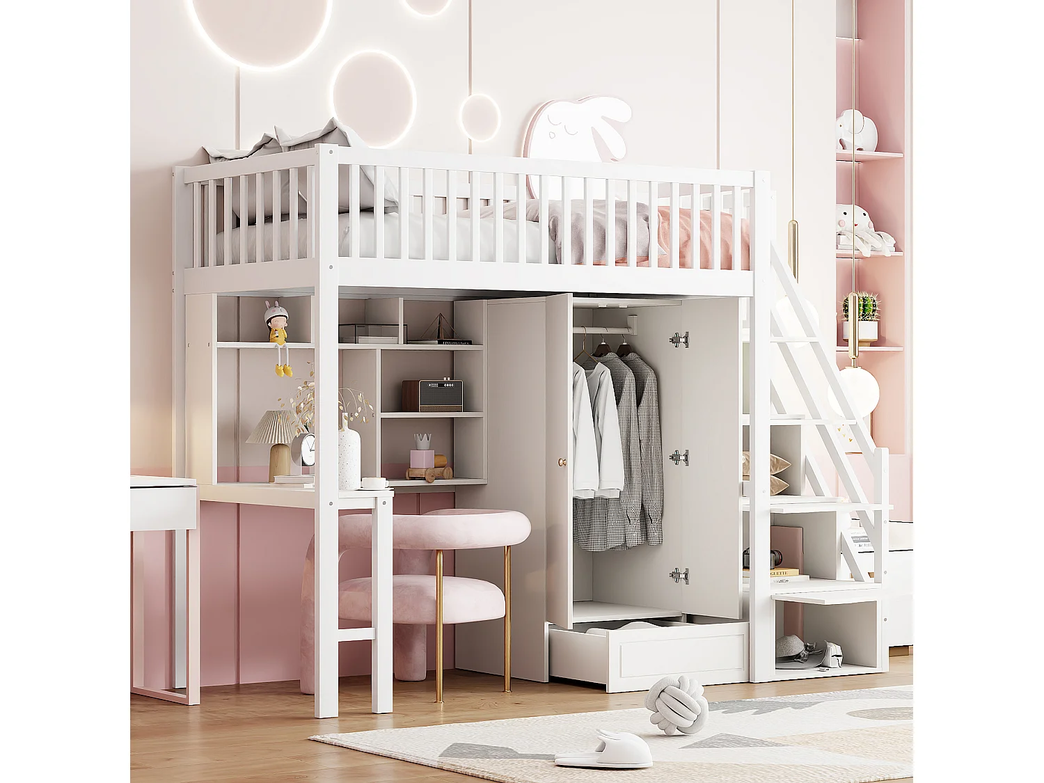 Lit mezzanine 90x200 cm - avec une penderie et un bureau - cadre de lit en bois - Blanc