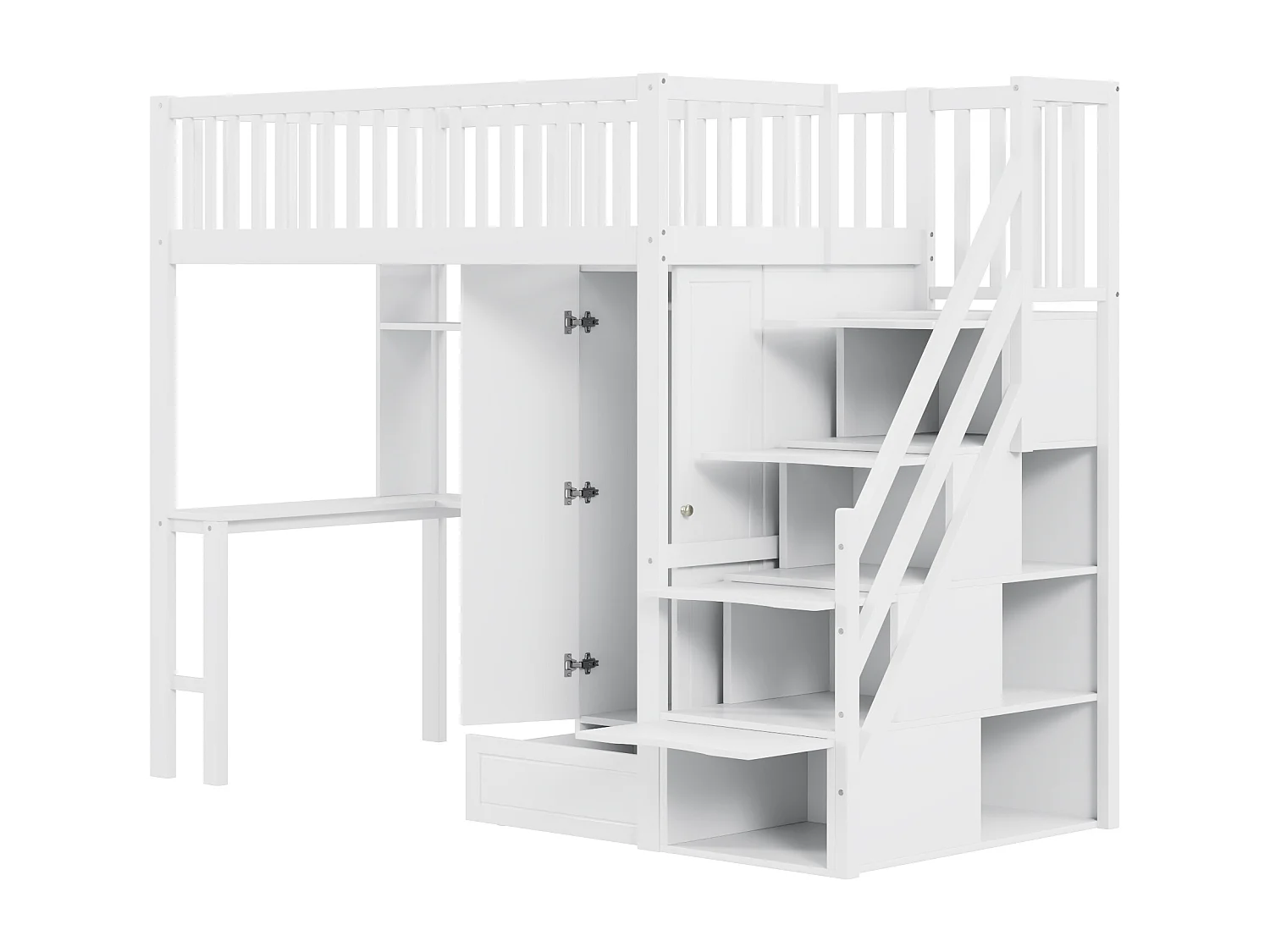 Lit mezzanine 90x200 cm - avec une penderie et un bureau - cadre de lit en bois - Blanc