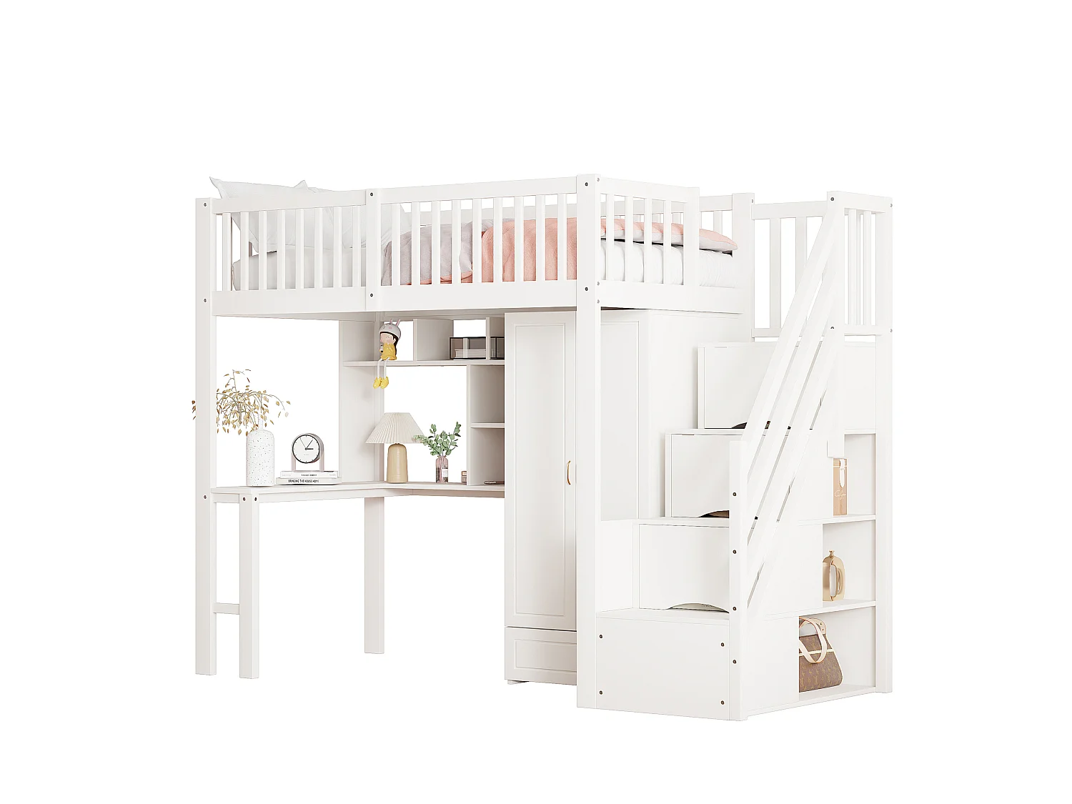 Lit mezzanine 90x200 cm - avec une penderie et un bureau - cadre de lit en bois - Blanc