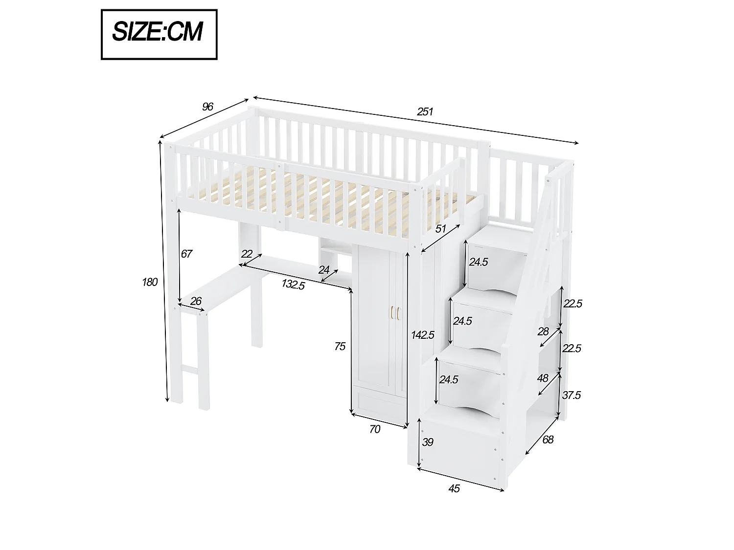 Lit mezzanine 90x200 cm - avec une penderie et un bureau - cadre de lit en bois - Blanc