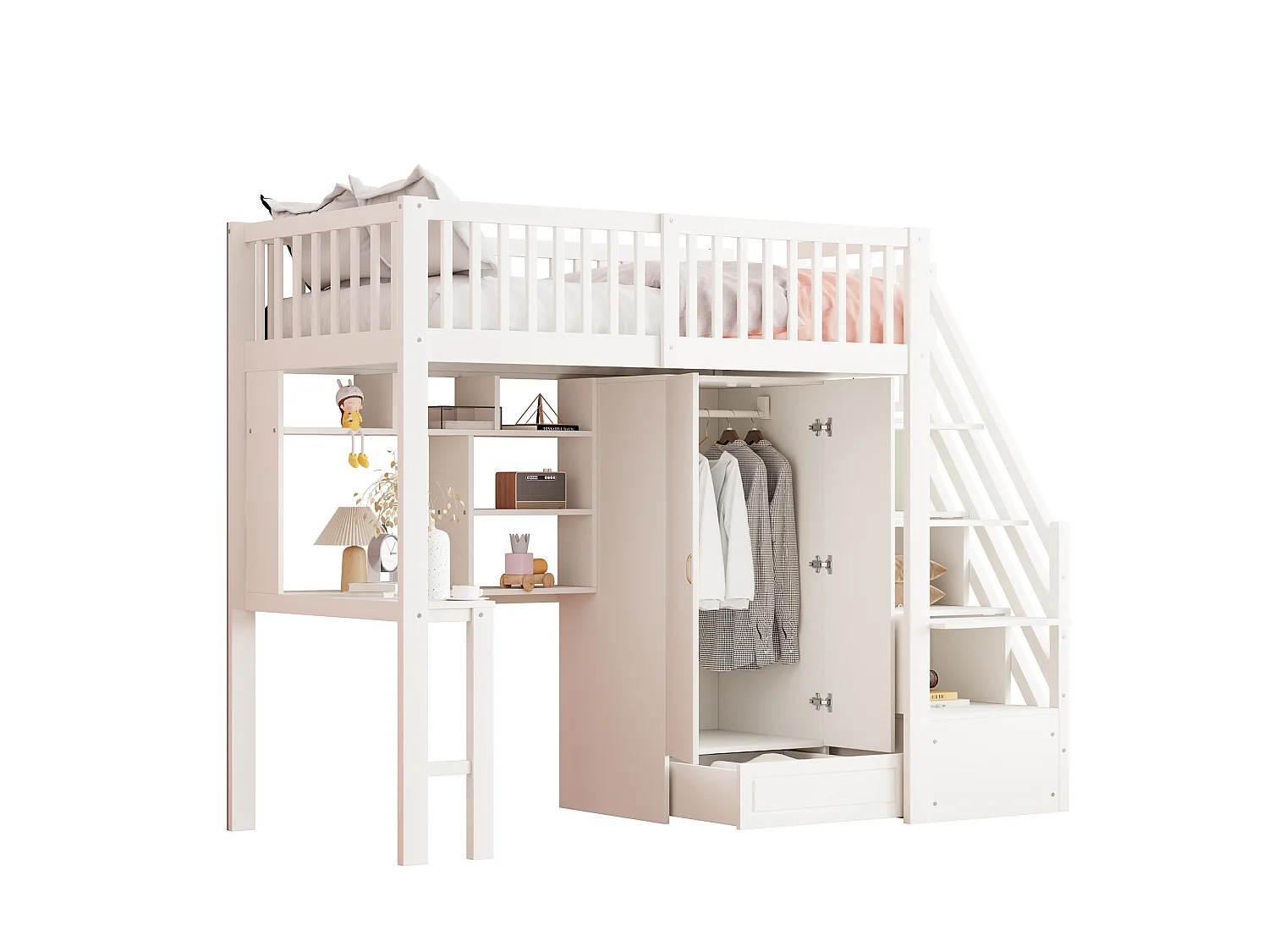 Lit mezzanine 90x200 cm - avec une penderie et un bureau - cadre de lit en bois - Blanc