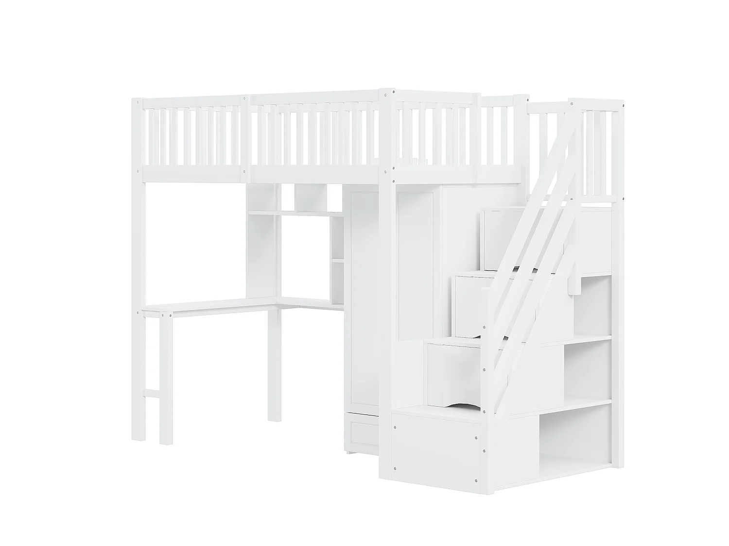 Lit mezzanine 90x200 cm - avec une penderie et un bureau - cadre de lit en bois - Blanc