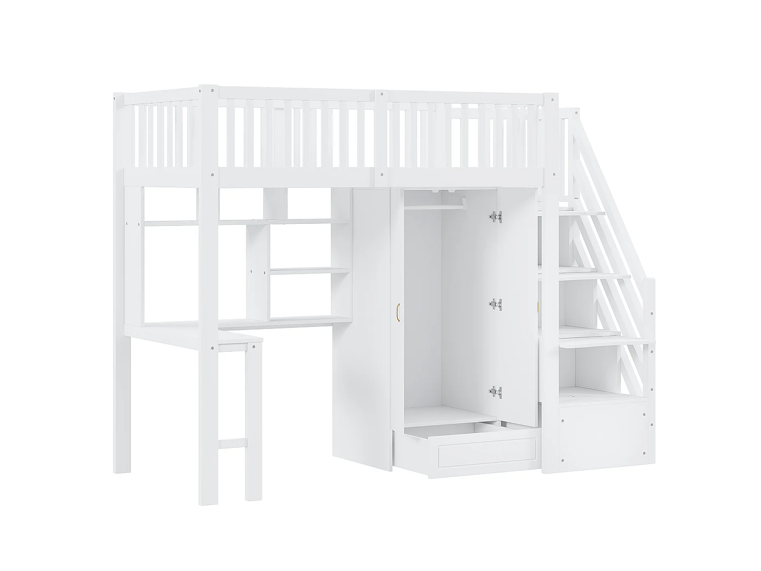 Lit mezzanine 90x200 cm - avec une penderie et un bureau - cadre de lit en bois - Blanc