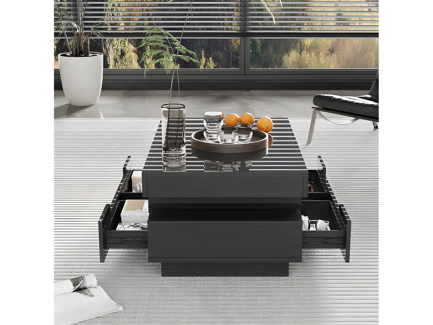 Table basse avec LED - finition brillante - 4 tiroirs avant et arrière - Noir