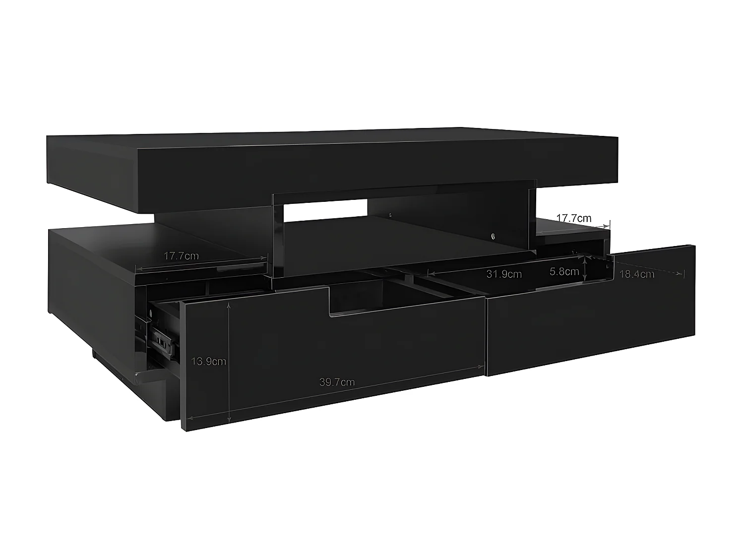 Table basse avec LED - finition brillante - 4 tiroirs avant et arrière - Noir