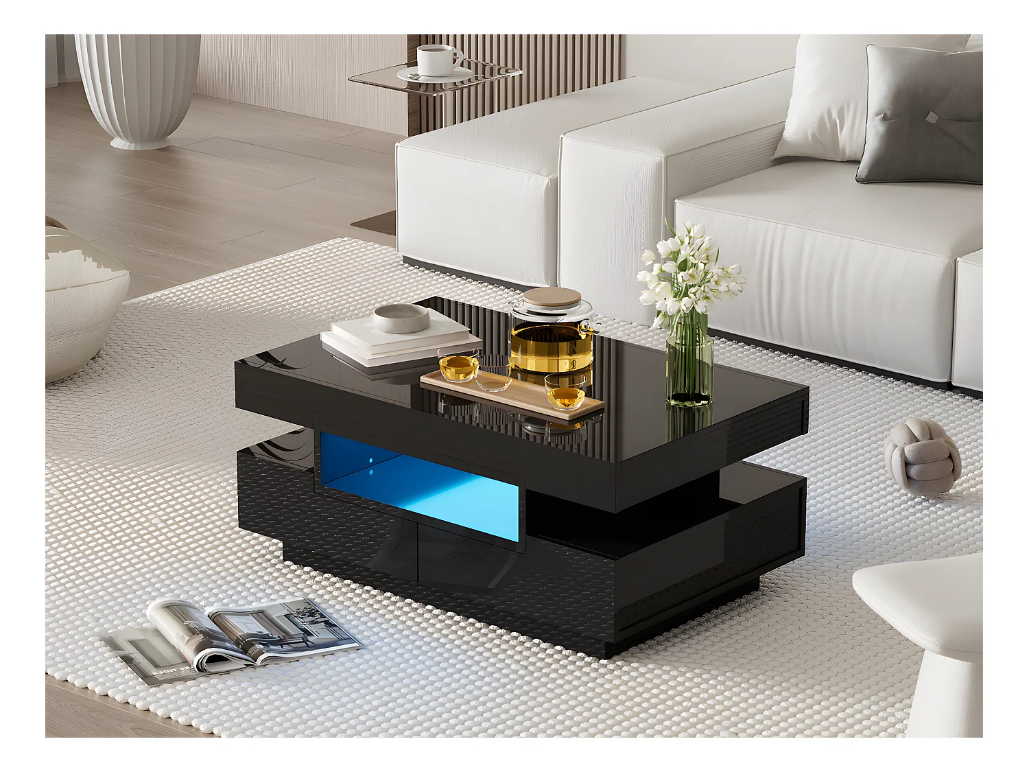 Table basse avec LED - finition brillante - 4 tiroirs avant et arrière - Noir