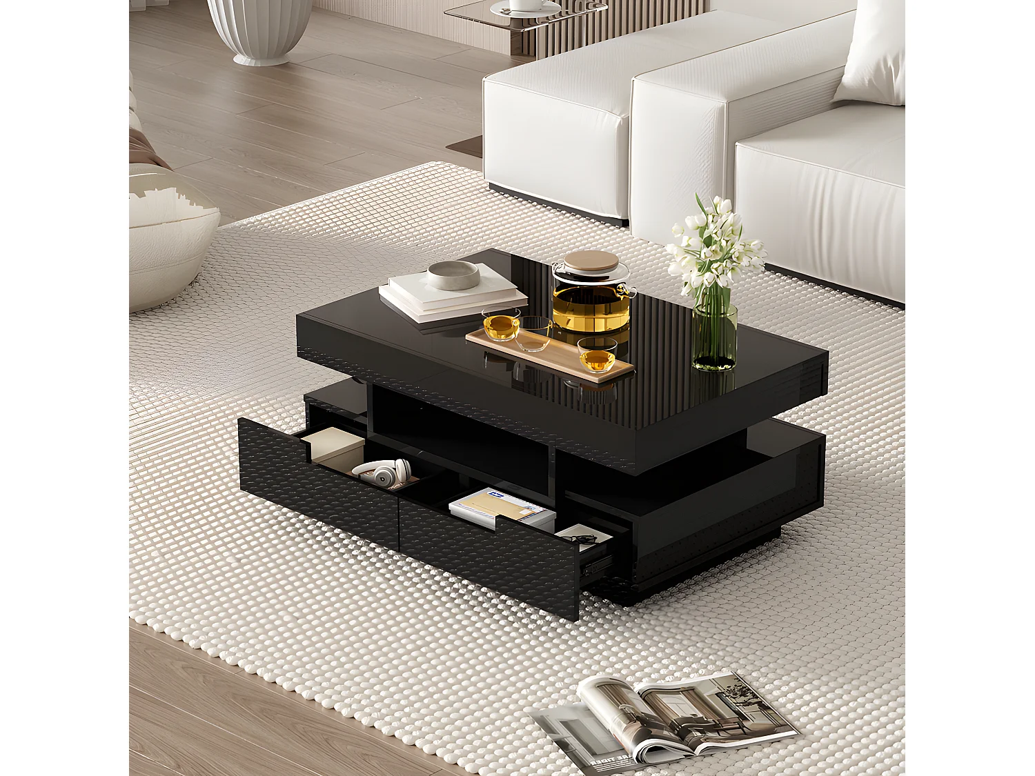 Mesa de centro con LED - acabado brillante - 4 cajones delanteros y traseros - Negro