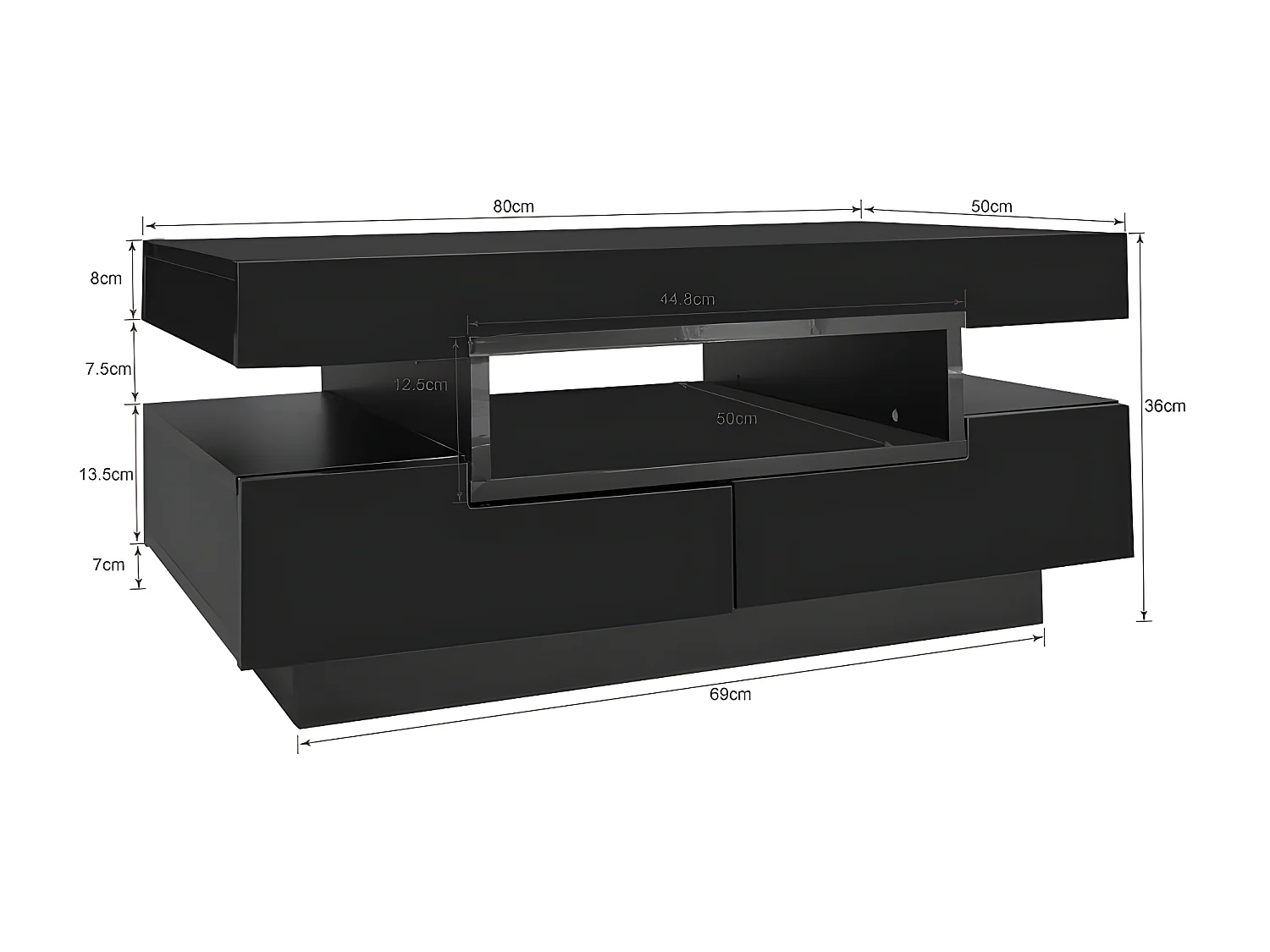 Mesa de centro con LED - acabado brillante - 4 cajones delanteros y traseros - Negro