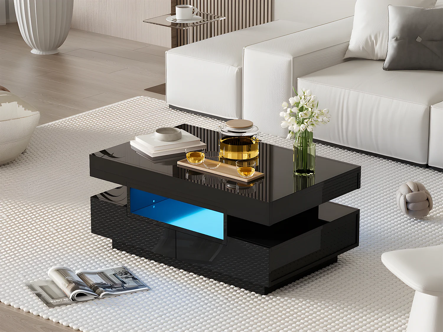 Table basse avec LED - finition brillante - 4 tiroirs avant et arrière - Noir