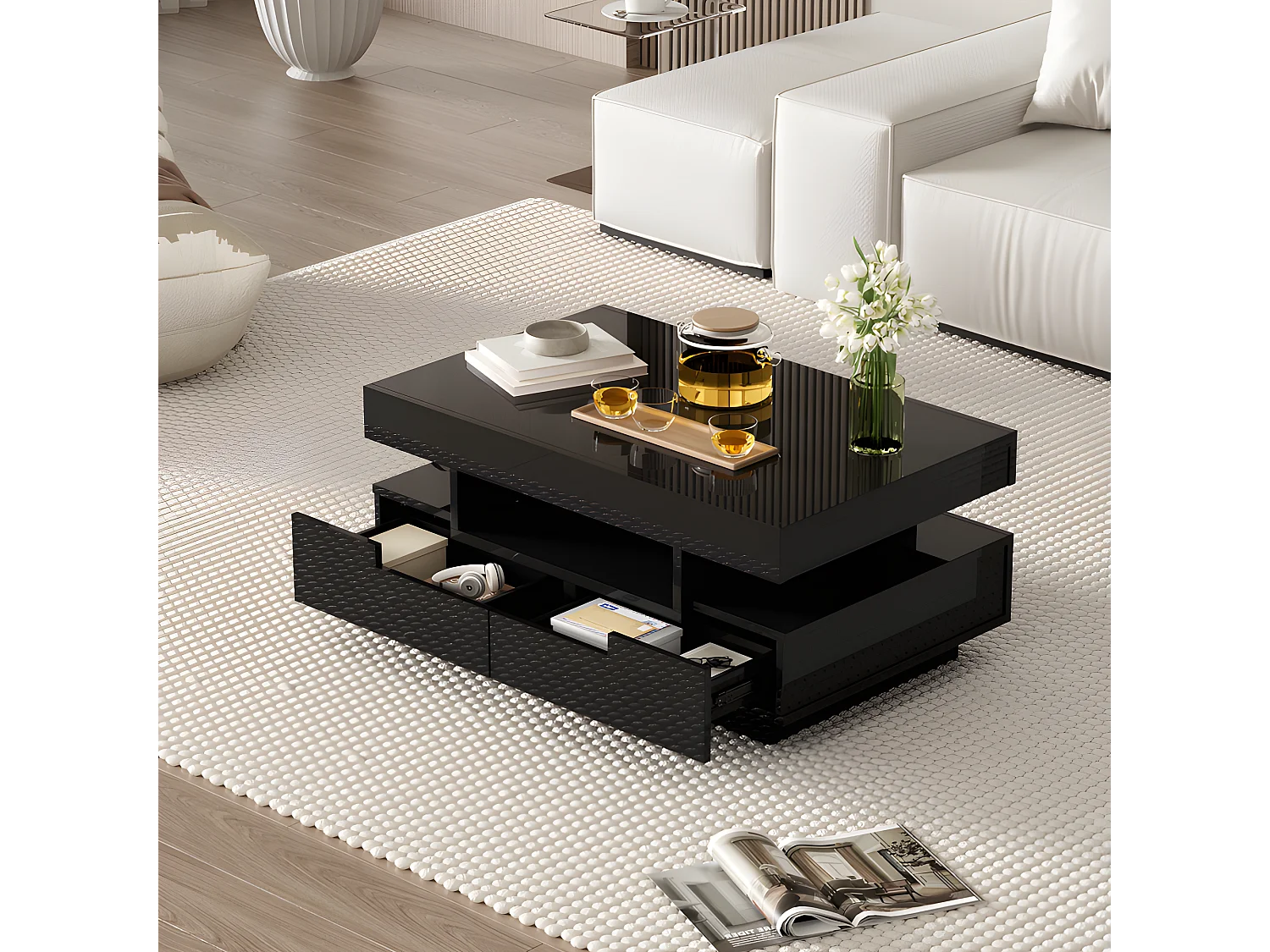 Couchtisch mit LED – glänzende Oberfläche – 4 Schubladen vorne und hinten – Schwarz