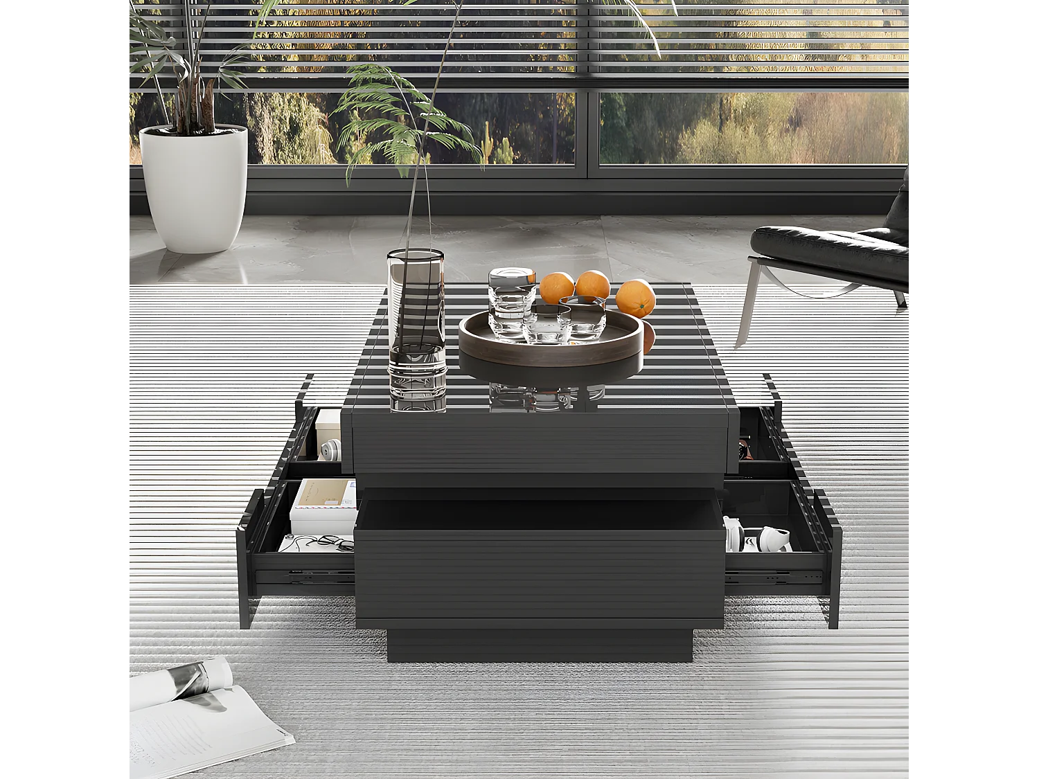 Couchtisch mit LED – glänzende Oberfläche – 4 Schubladen vorne und hinten – Schwarz