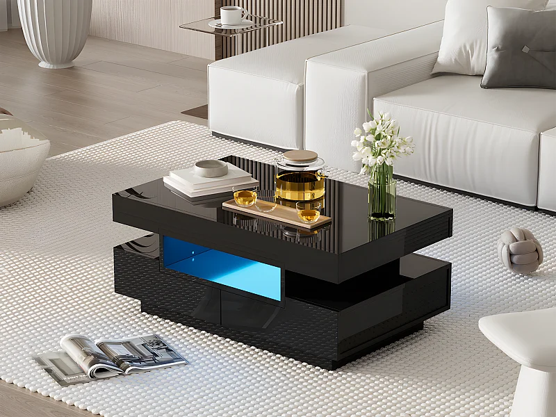 Table basse avec LED - finition brillante - 4 tiroirs avant et arrière - Noir