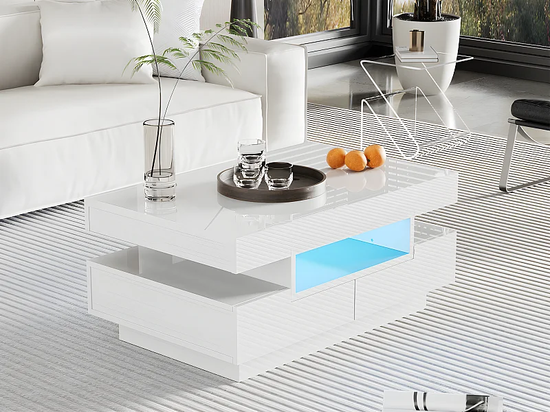 Mesa de centro con LED - acabado brillante - 4 cajones delanteros y traseros - Blanco