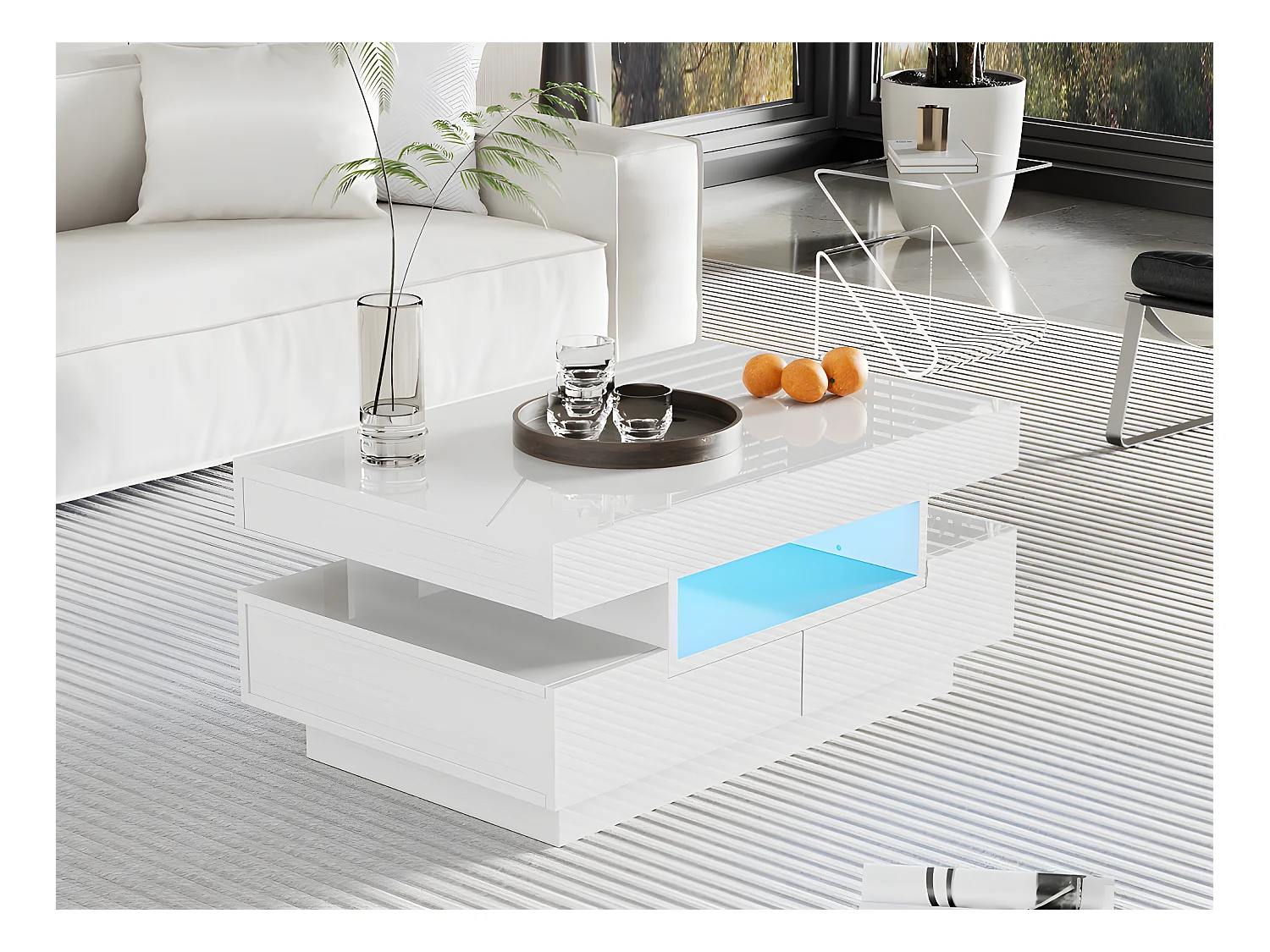 Table basse avec LED - finition brillante - 4 tiroirs avant et arrière - Blanc