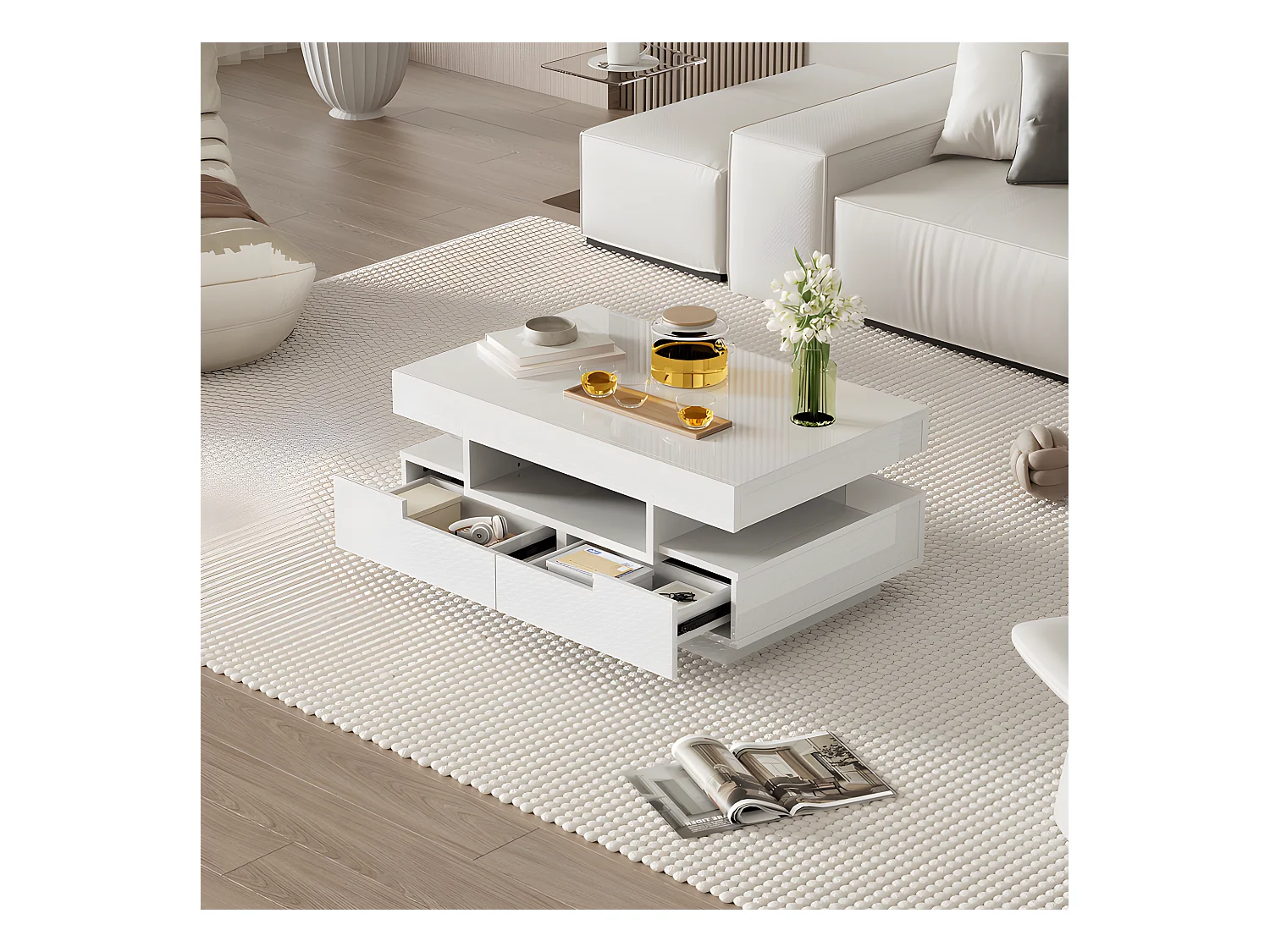 Mesa de centro con LED - acabado brillante - 4 cajones delanteros y traseros - Blanco