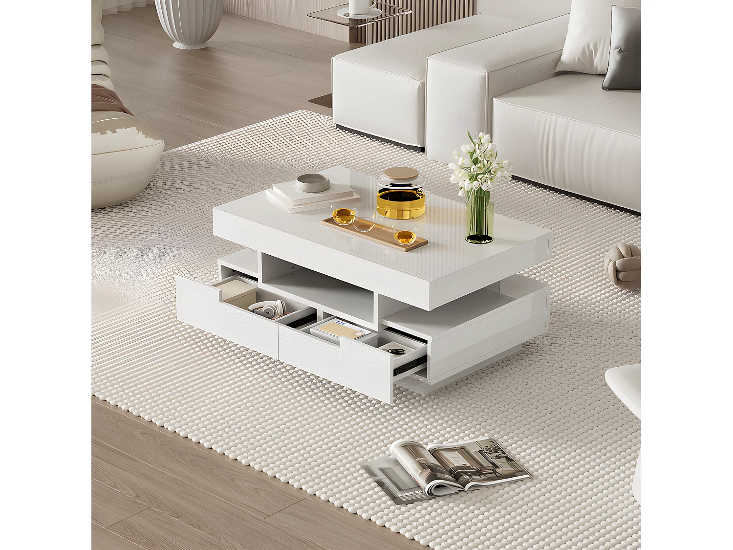 Table basse avec LED - finition brillante - 4 tiroirs avant et arrière - Blanc