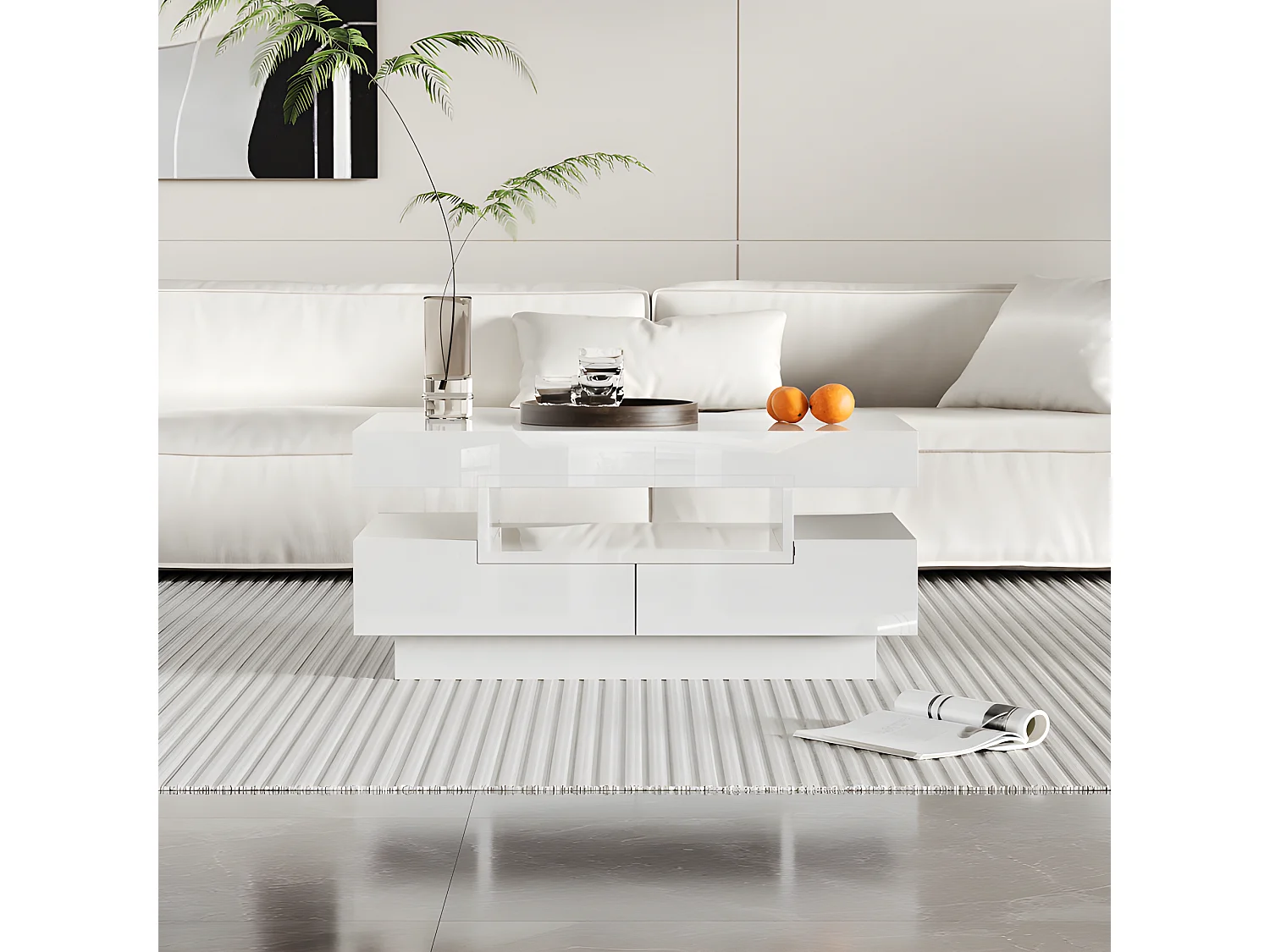 Table basse avec LED - finition brillante - 4 tiroirs avant et arrière - Blanc