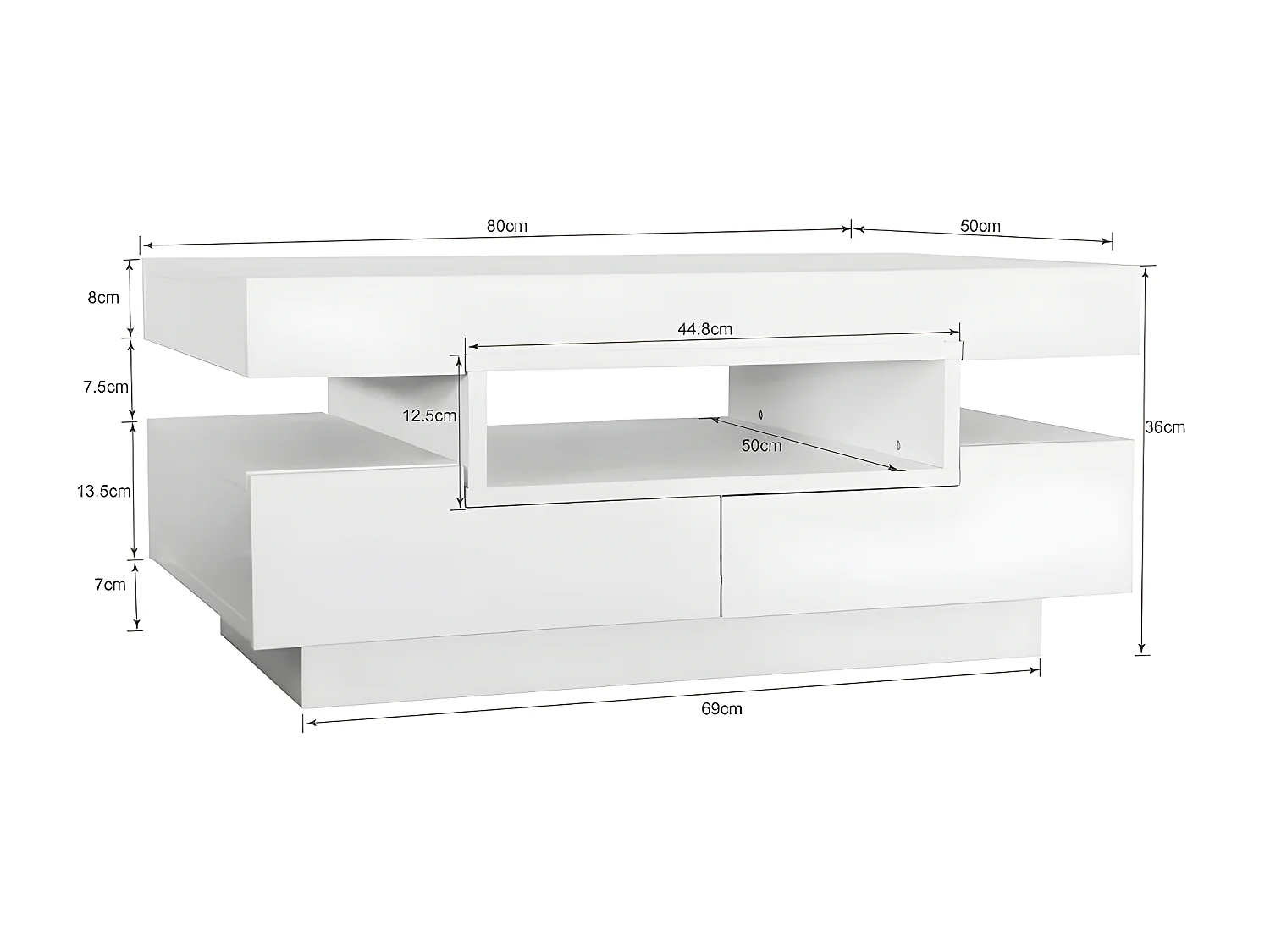 Table basse avec LED - finition brillante - 4 tiroirs avant et arrière - Blanc