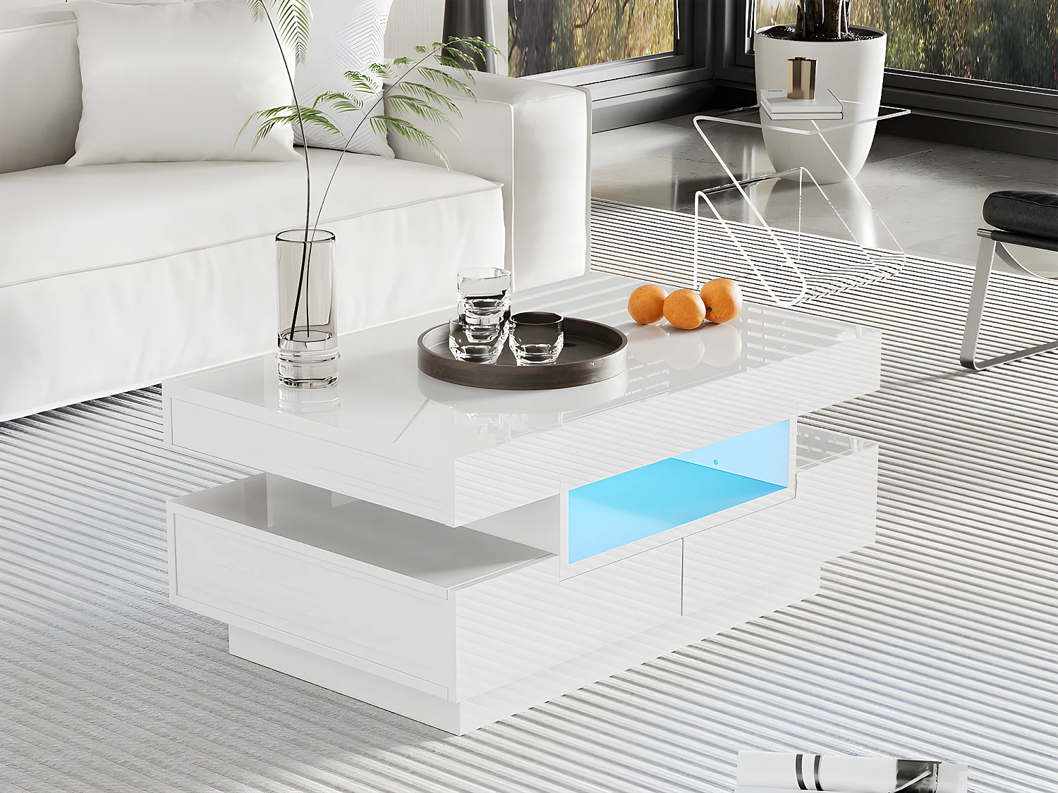 Couchtisch mit LED – glänzende Oberfläche – 4 Schubladen vorne und hinten – Weiß