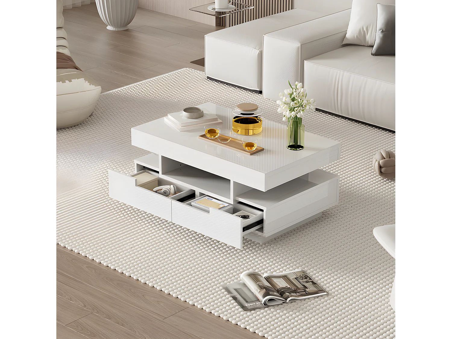 Couchtisch mit LED – glänzende Oberfläche – 4 Schubladen vorne und hinten – Weiß