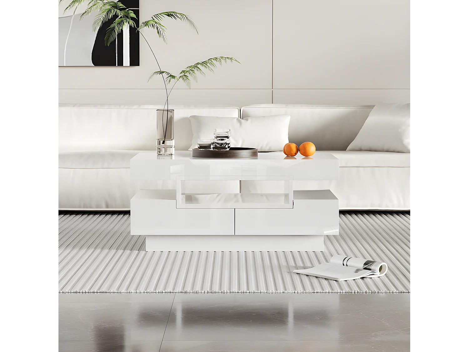 Couchtisch mit LED – glänzende Oberfläche – 4 Schubladen vorne und hinten – Weiß