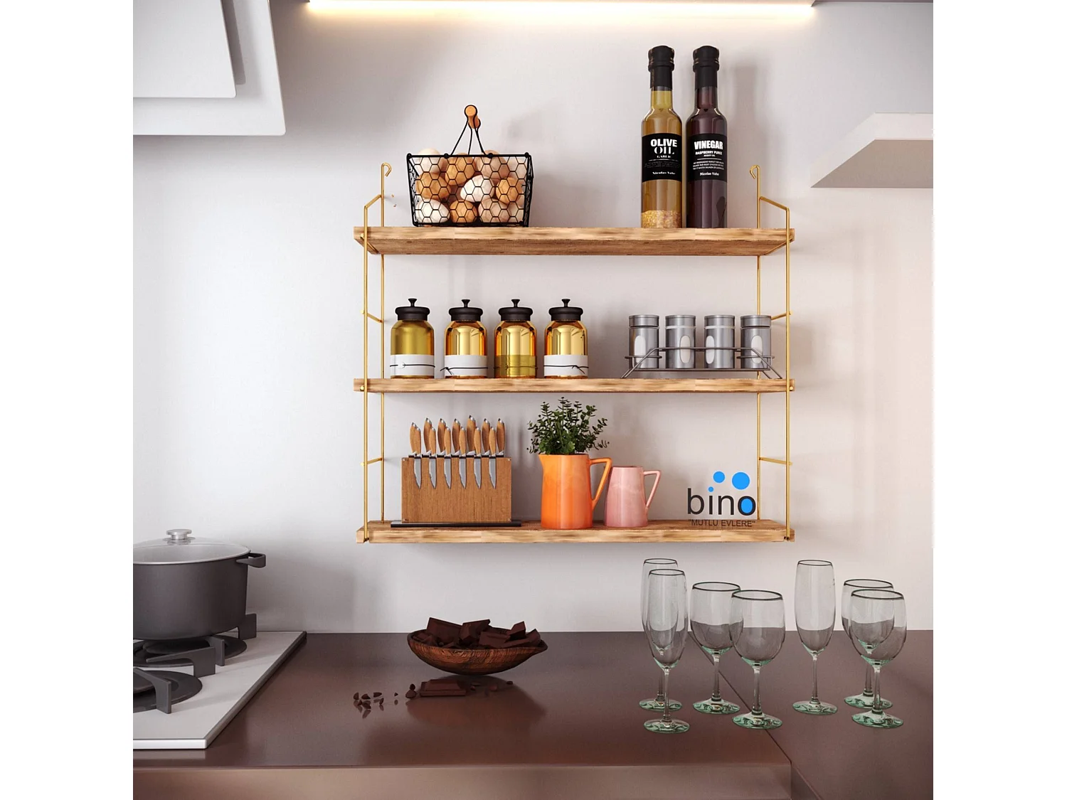 Étagère murale rectangulaire 3 niveaux Metalrea L60xH62cm Bois clair et Métal Or