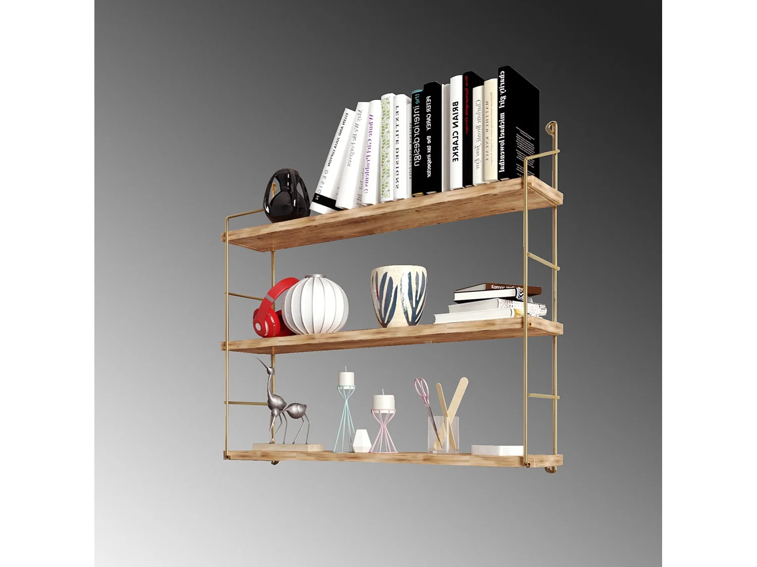 Étagère murale rectangulaire 3 niveaux Metalrea L60xH62cm Bois clair et Métal Or