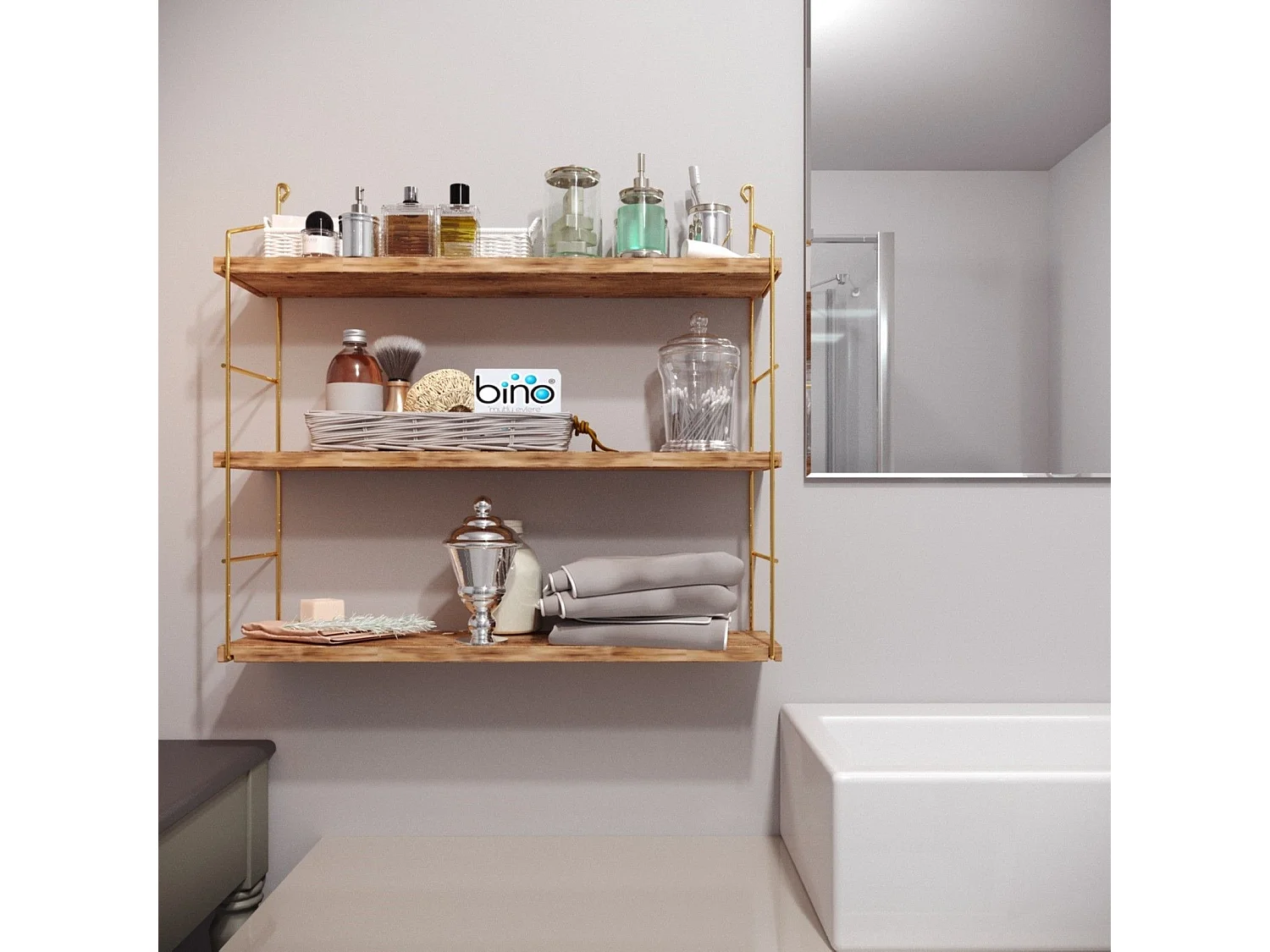 Étagère murale rectangulaire 3 niveaux Metalrea L60xH62cm Bois clair et Métal Or