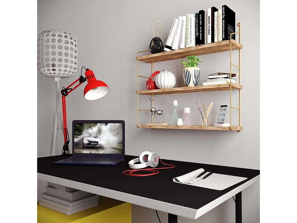 Étagère murale rectangulaire 3 niveaux Metalrea L60xH62cm Bois clair et Métal Or