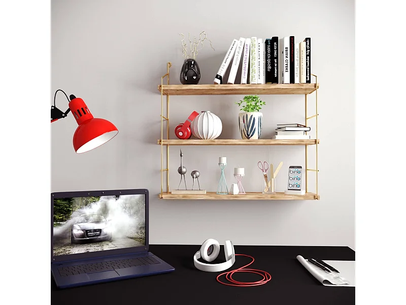 Étagère murale rectangulaire 3 niveaux Metalrea L60xH62cm Bois clair et Métal Or