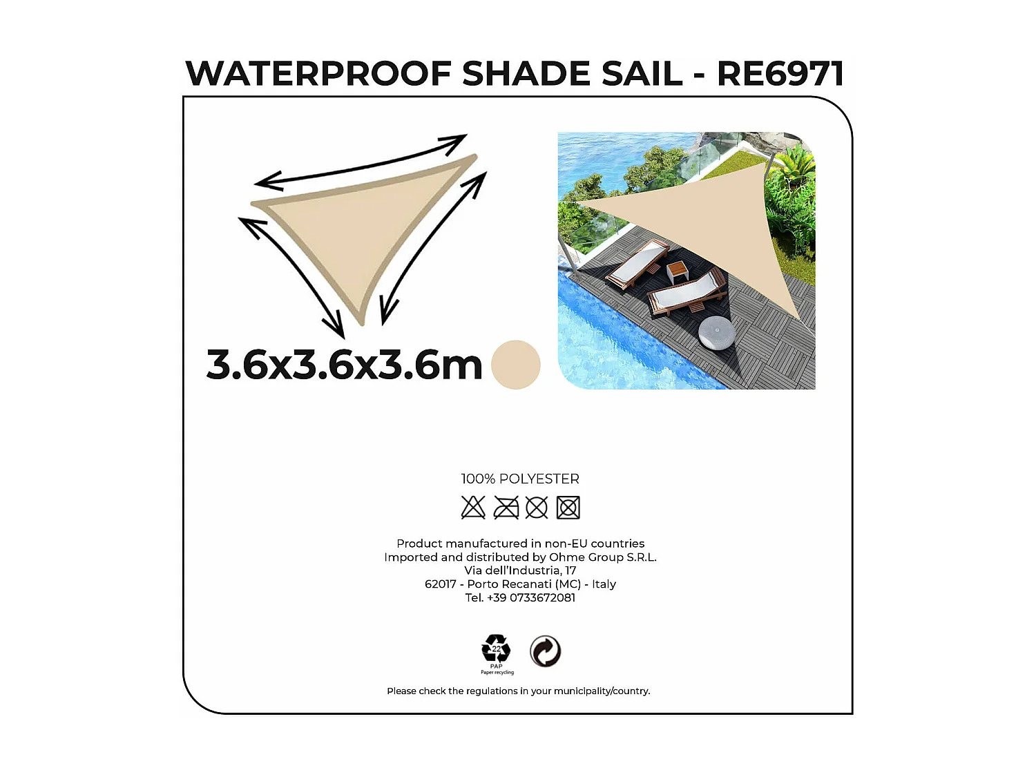 Toldo Vela Rebecca Mobili Gulab 360x360x360 Poliéster Impermeable Acero Blanco Crema