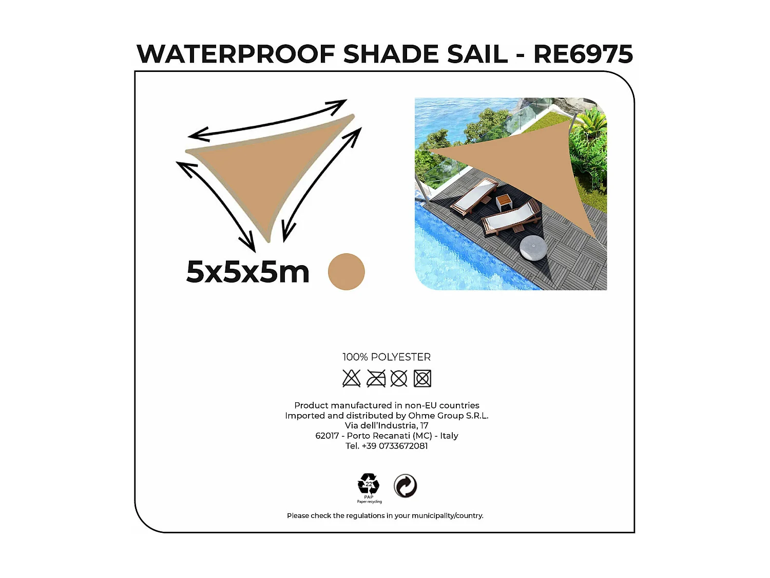 Toldo Vela Inga 500x500x500 Poliéster Impermeável Aço Bege Escuro