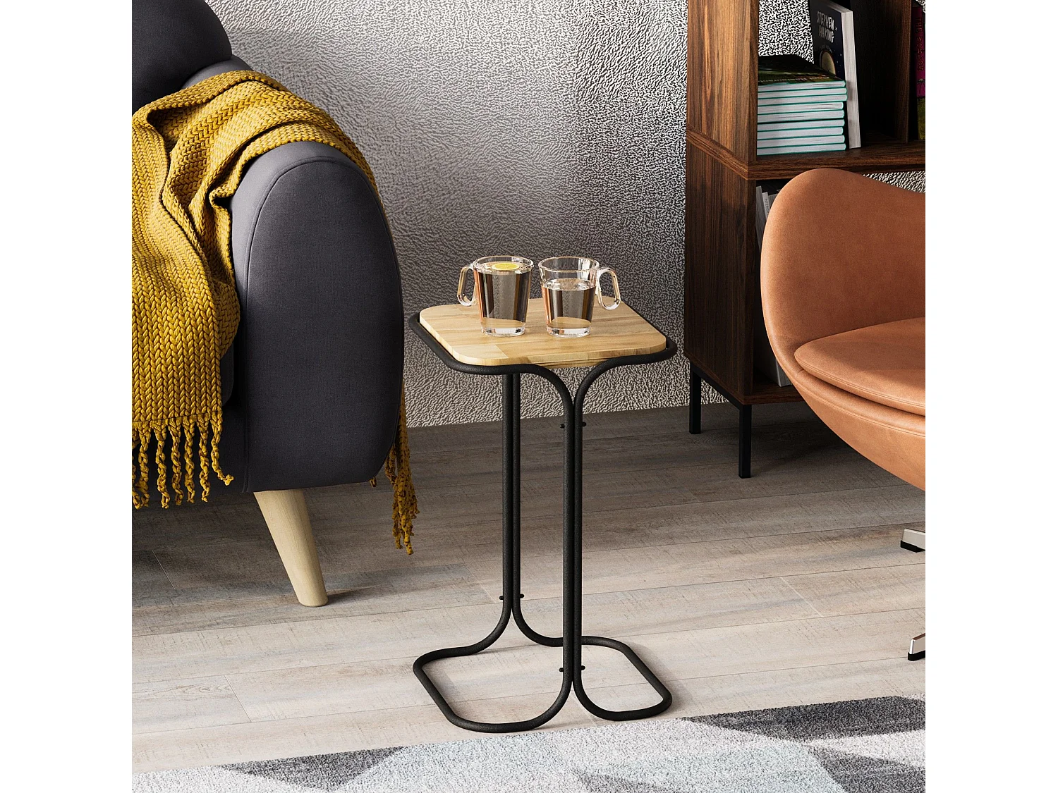 Table basse Hazan 30x30cm Bois clair et Métal Noir