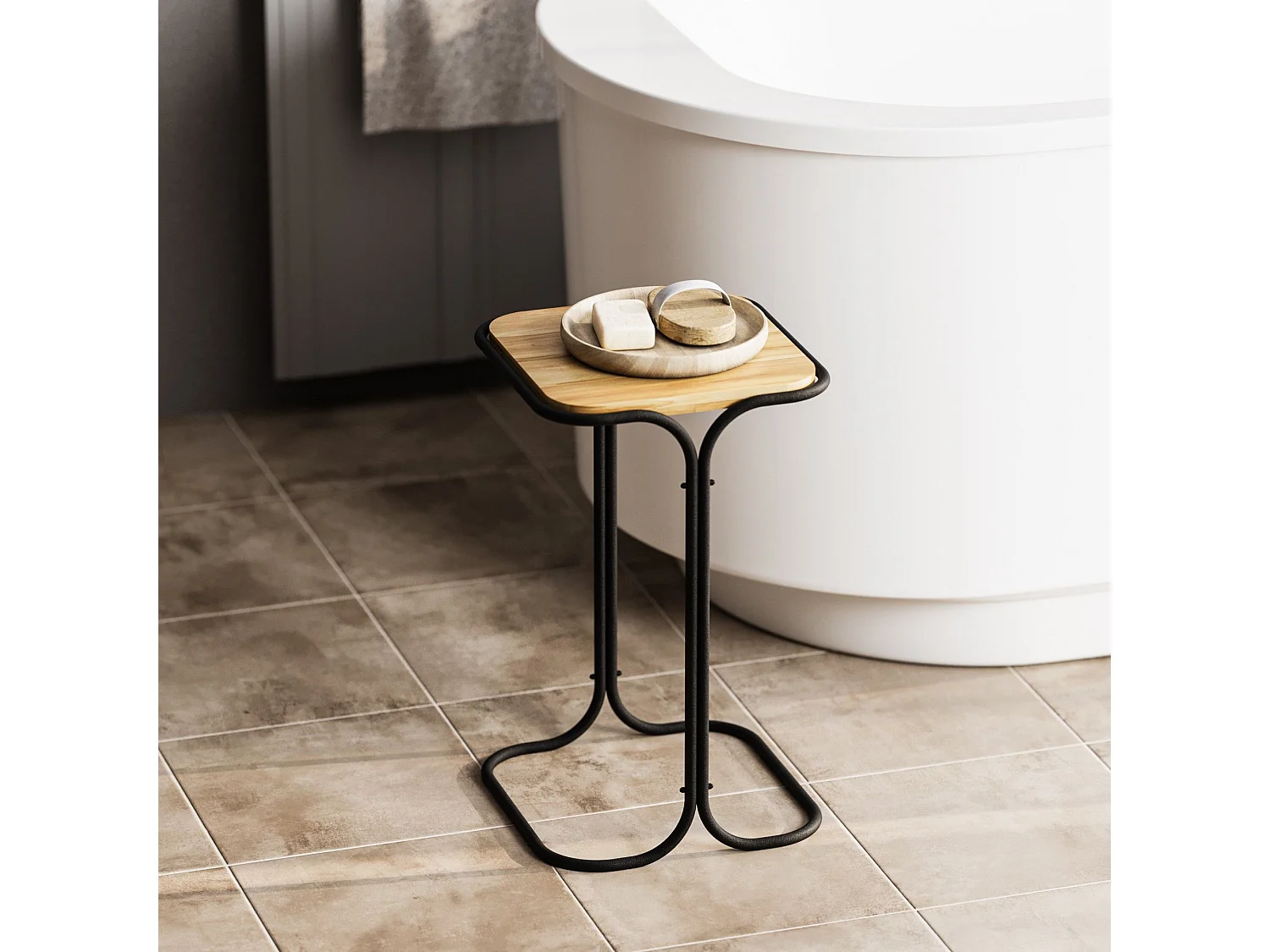 Table basse Hazan 30x30cm Bois clair et Métal Noir