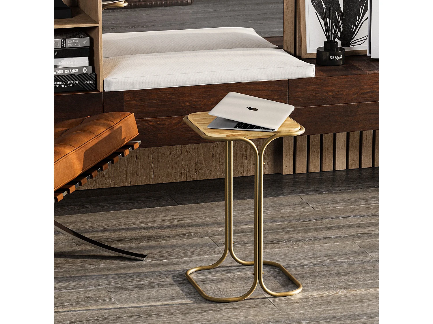 Table basse Hazan 30x30cm Bois clair et Métal Or