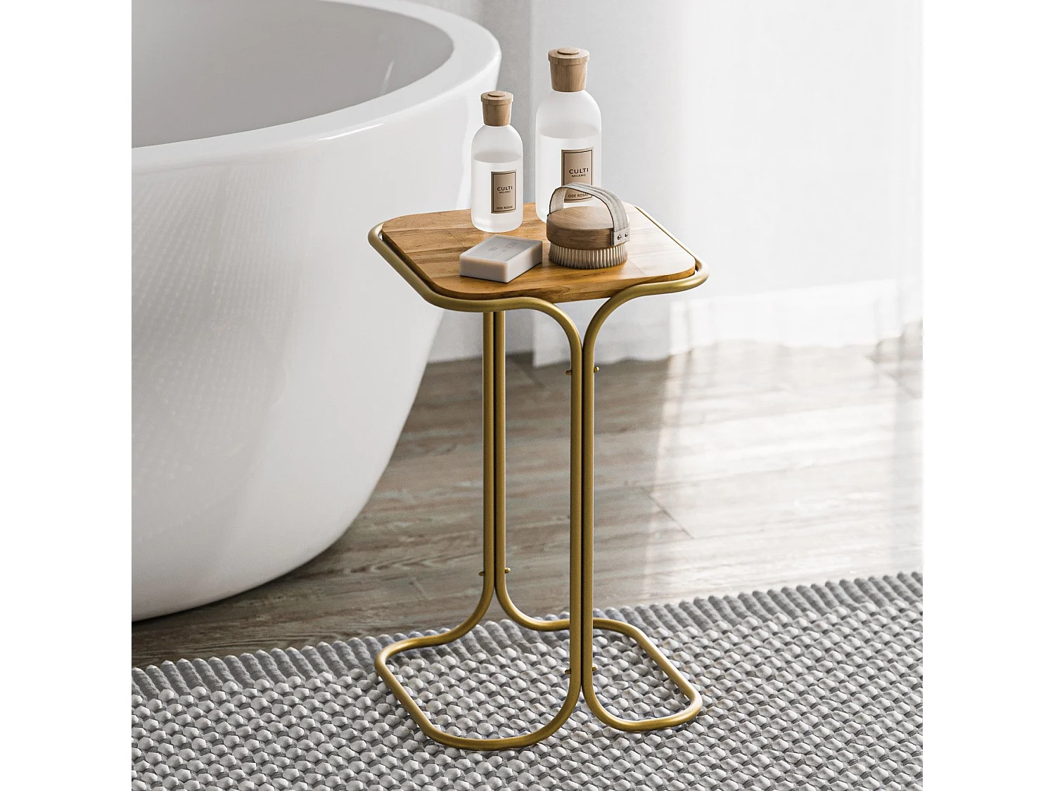 Table basse Hazan 30x30cm Bois clair et Métal Or