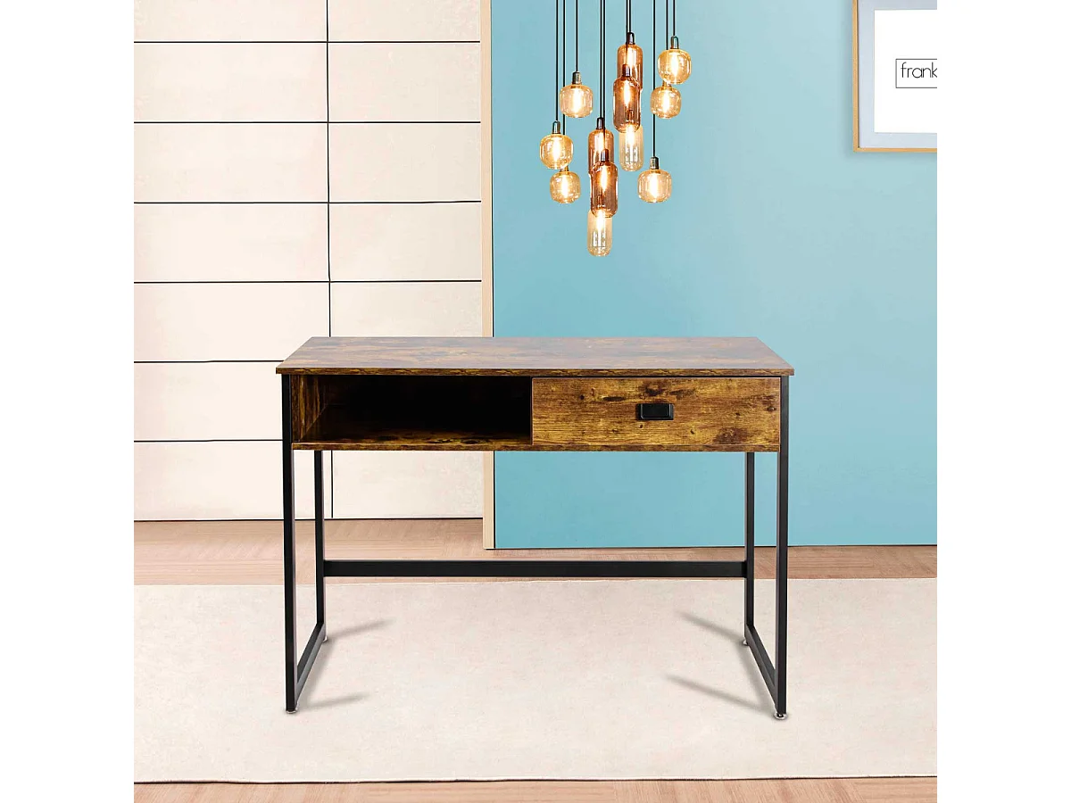 Otari - Secretária em estilo industrial com gaveta e prateleira de arrumação, 110x50xH76 cm