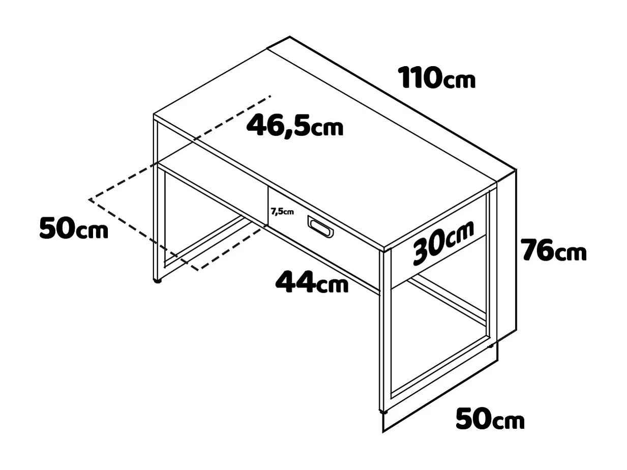 Otari - Secretária em estilo industrial com gaveta e prateleira de arrumação, 110x50xH76 cm