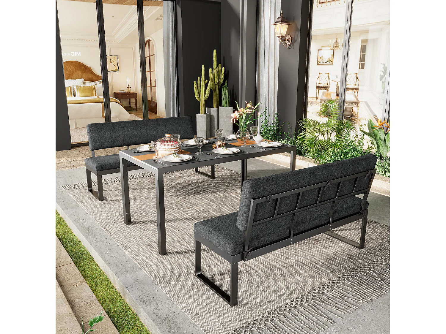 6-zits aluminium tuineetkamer - Tafel + 2 banken - Afneembare rug- en zitkussens - Grijs